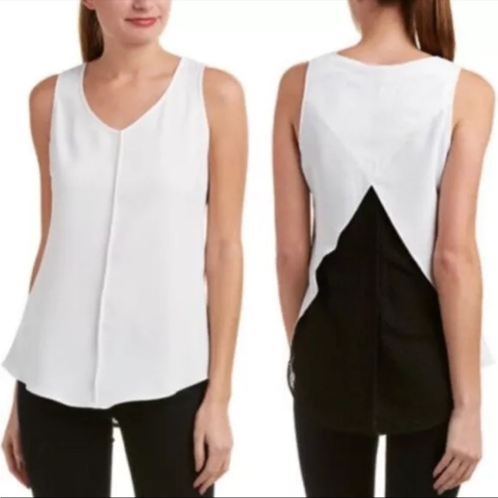 Cabi #3076 Domino White Blouse Hi-Lo
Cutout Split Black Mesh Back, New with Tags